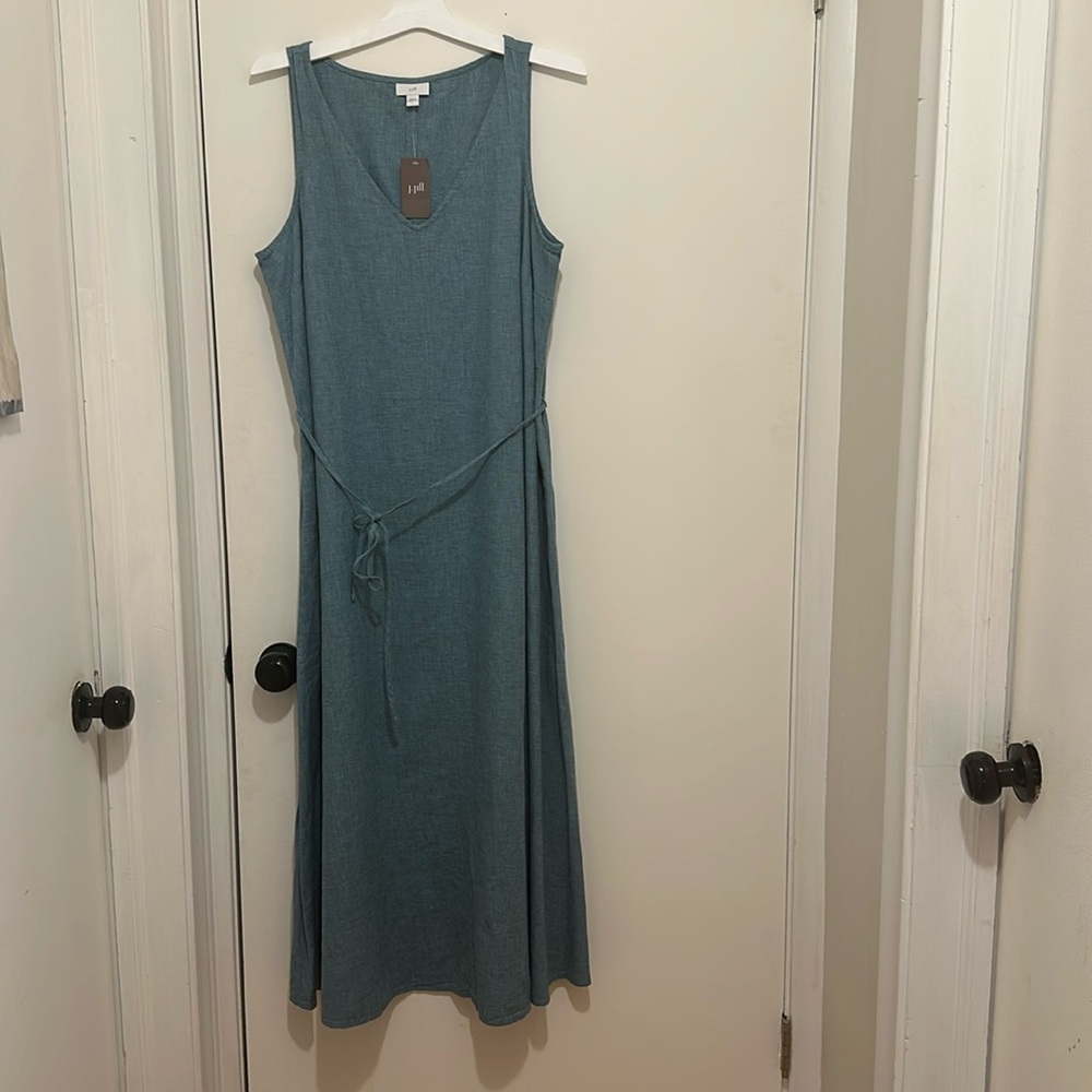 J. Jill Womens Linen Blend Sleeveless Maxi Dress V Neck Tie Waist Pockets Casual